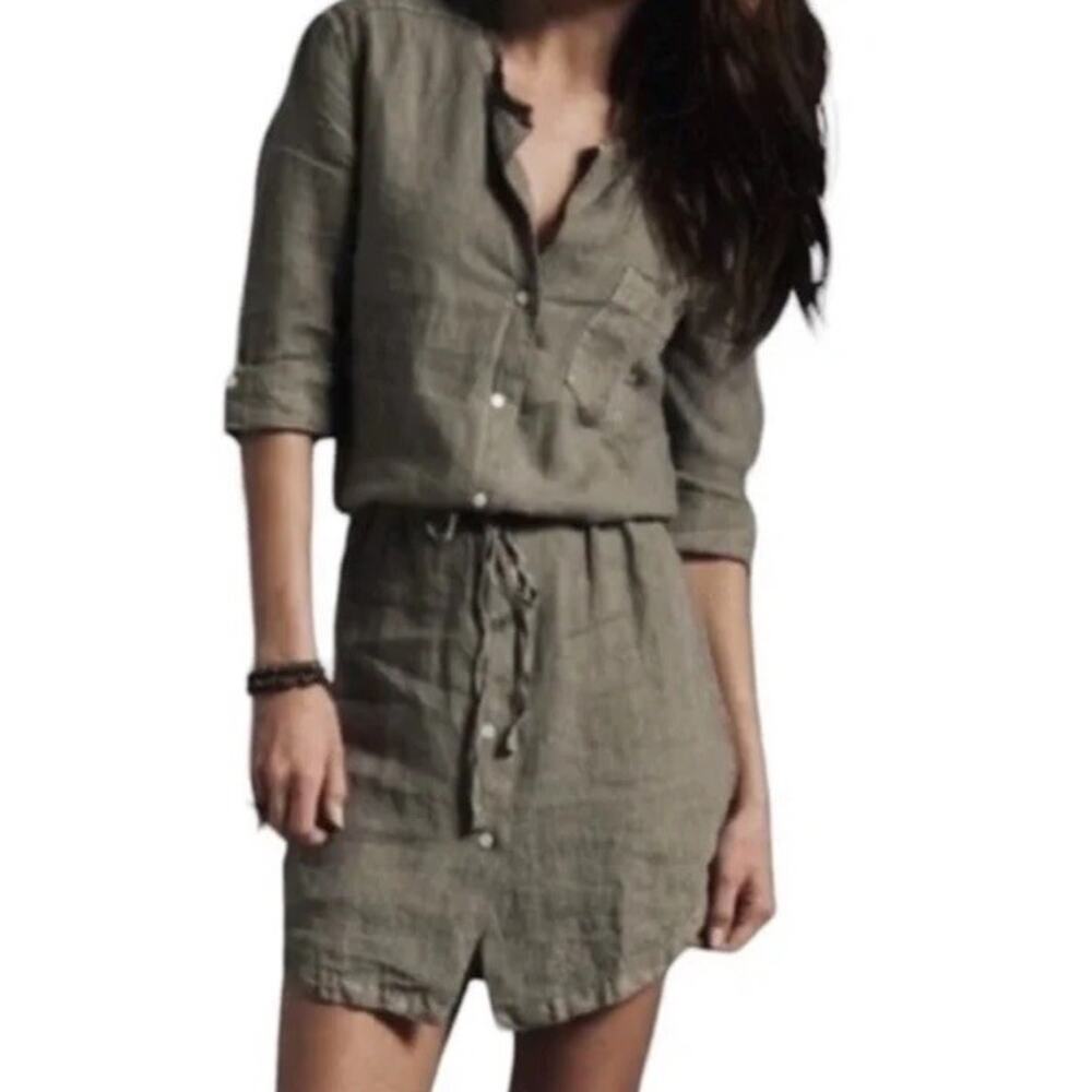 Standard JAMES PERSE Linen Drawstring Shirt Mini Dress Green Women's Size 3 US L